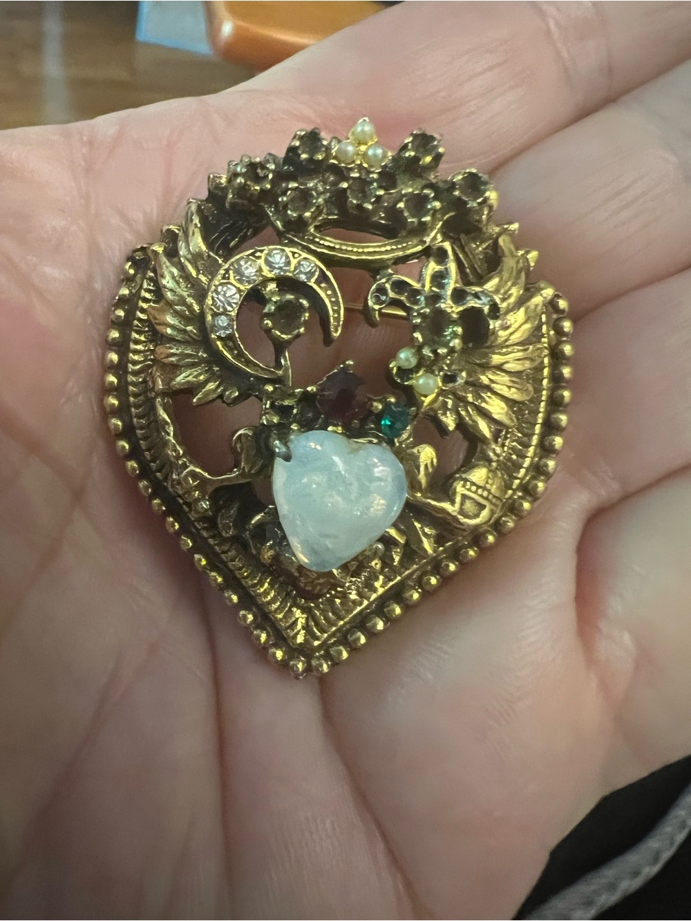 Vintage Gold Heart Brooch with Opalescent Center and Crystal Accents